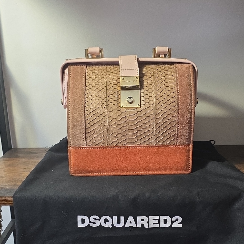 DSQUARED2 Leather,Suede and Snake Skin. Textured Brown and Pink Handbag.